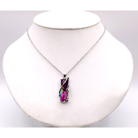 Mystic Quartz Crystal Tree of Life Pendant Necklace Silver Tone Aurora Borealis - Picture 2 of 11